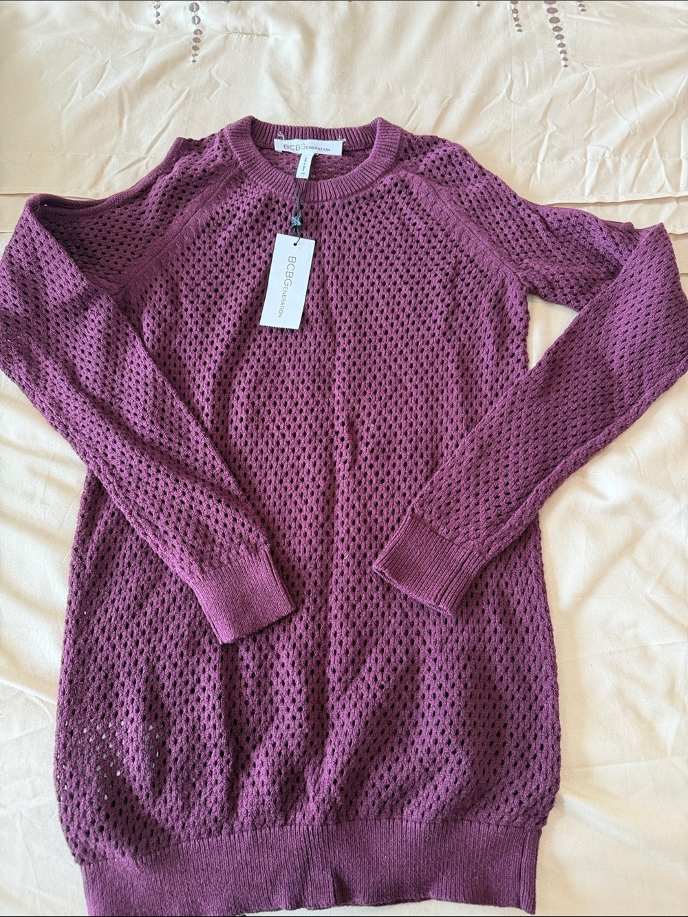BCBGMaxAzria Plum Open-Knit Crewneck Sweater